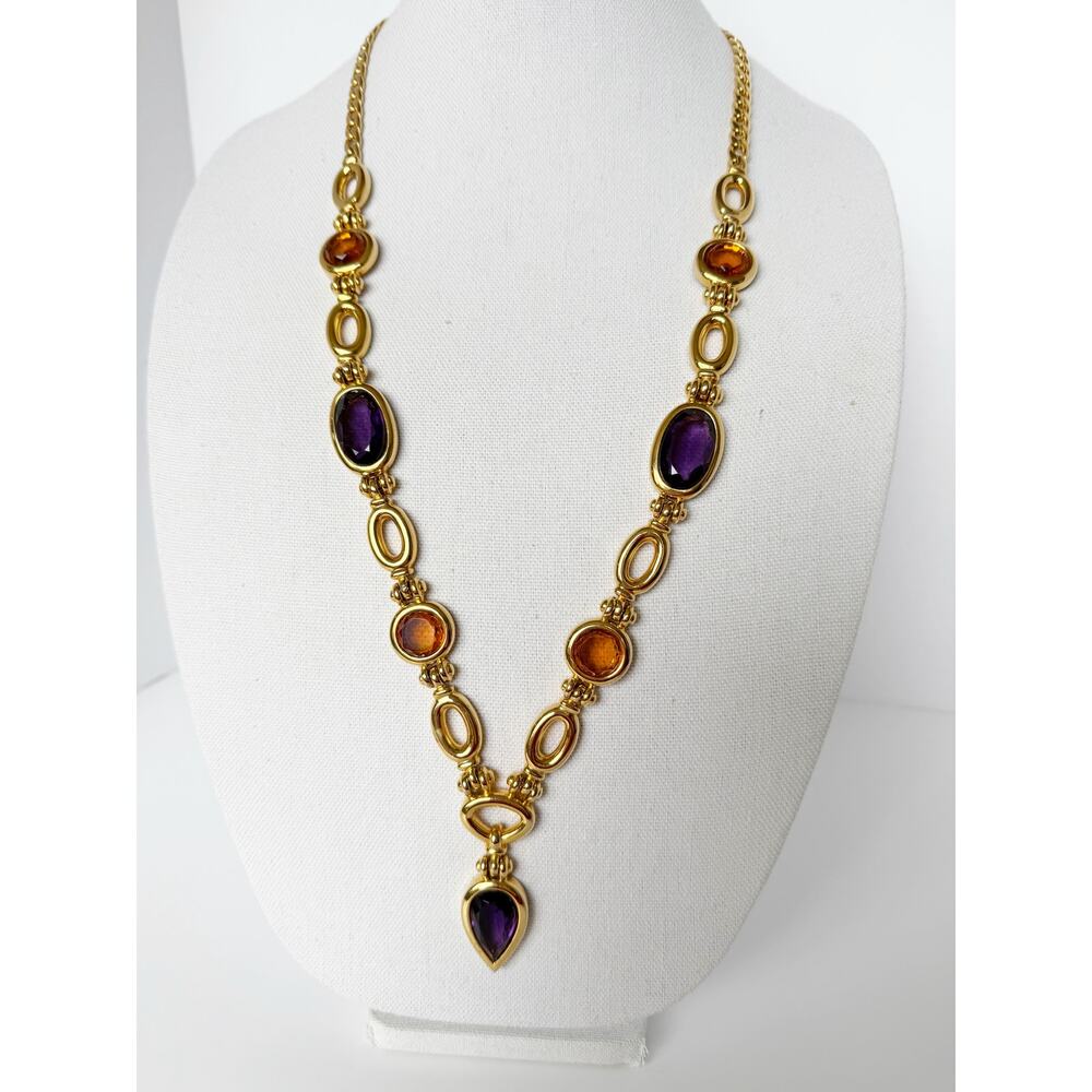 David Grau Gold Statement Necklace Purple & Amber Glass Cabochon Link Necklace